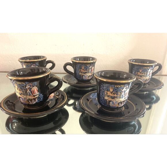 24k Gold Greek Krete Demistasse Teacups & Saucer Handmade in Greece Black/Gold - Picture 6 of 9